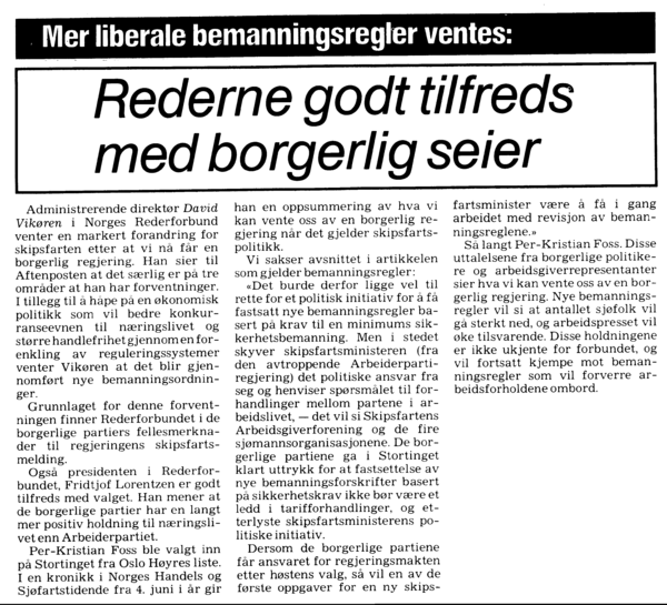 Mer liberale bemanningsregler ventes:<BR>
Rederne godt tilfreds med borgerlig seier