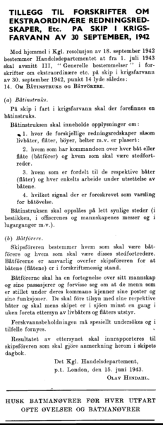 Tillegg til forskrifter om ekstraordninære redningsredskaper, etc. på skip i krigsfarvann av 30 september, 1942