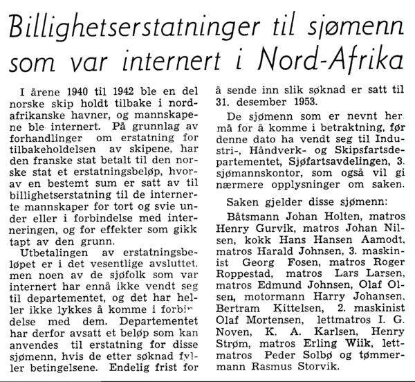 Billighetserstatning til sjømenn som var internert i Nord-Afrika