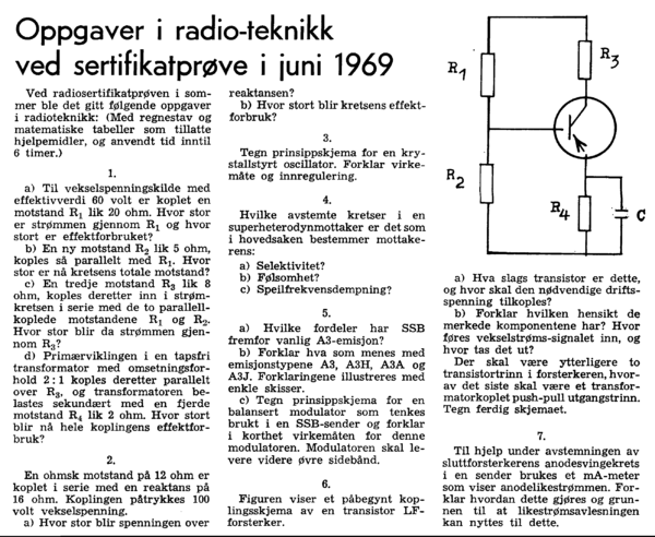 Oppgaver i radio-teknikk ved sertifikatprøve i juni 1969